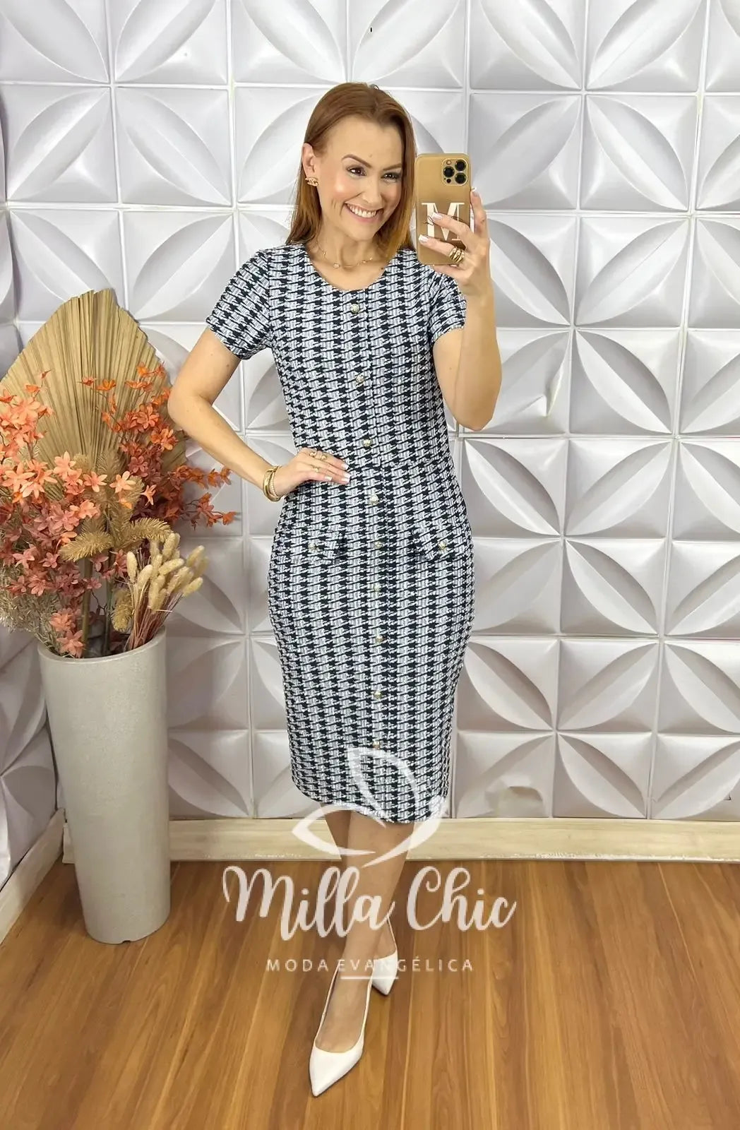 Vestido Tina Com Casaco Em Tweed – Preto e Branco